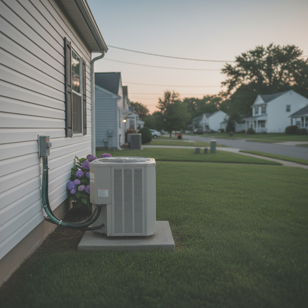 Central air conditioning installation unit visible on the side of a home in a quiet Bridgeton, NJ neighborhood.