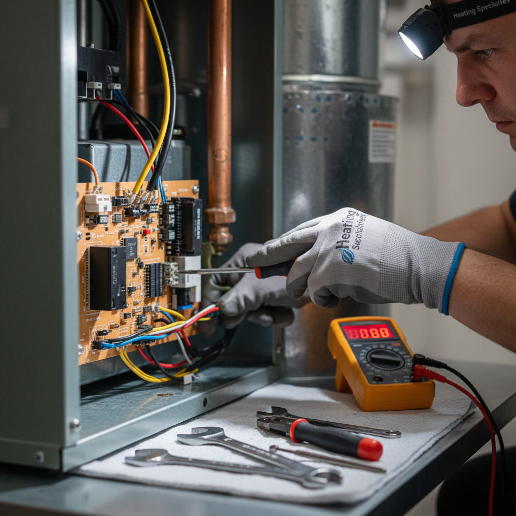 Close-up of a technician performing detailed furnace repair service on a control board in Bridgeton, NJ.