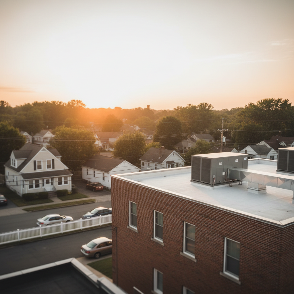 Commercial HVAC maintenance units visible on a rooftop in a Bridgeton, NJ neighborhood.