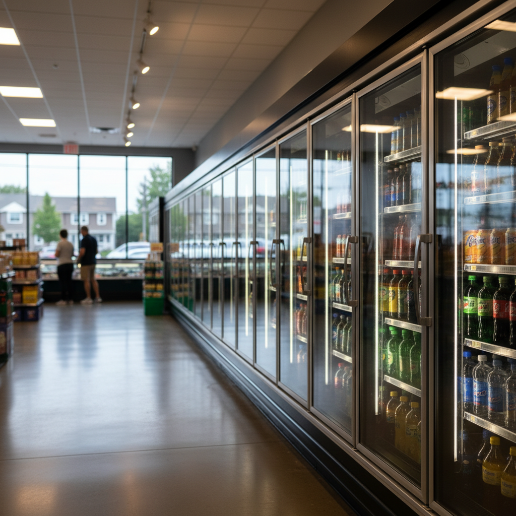 Commercial refrigeration units lining an aisle in a Bridgeton, NJ store, showing ongoing operation.