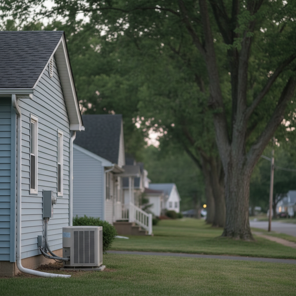 Ductless AC installation unit beside a Bridgeton, NJ residential home with a tree-lined street.