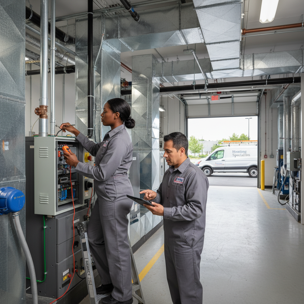 Experienced Heating Specialties team performing HVAC repair in a commercial building in Gloucester County.