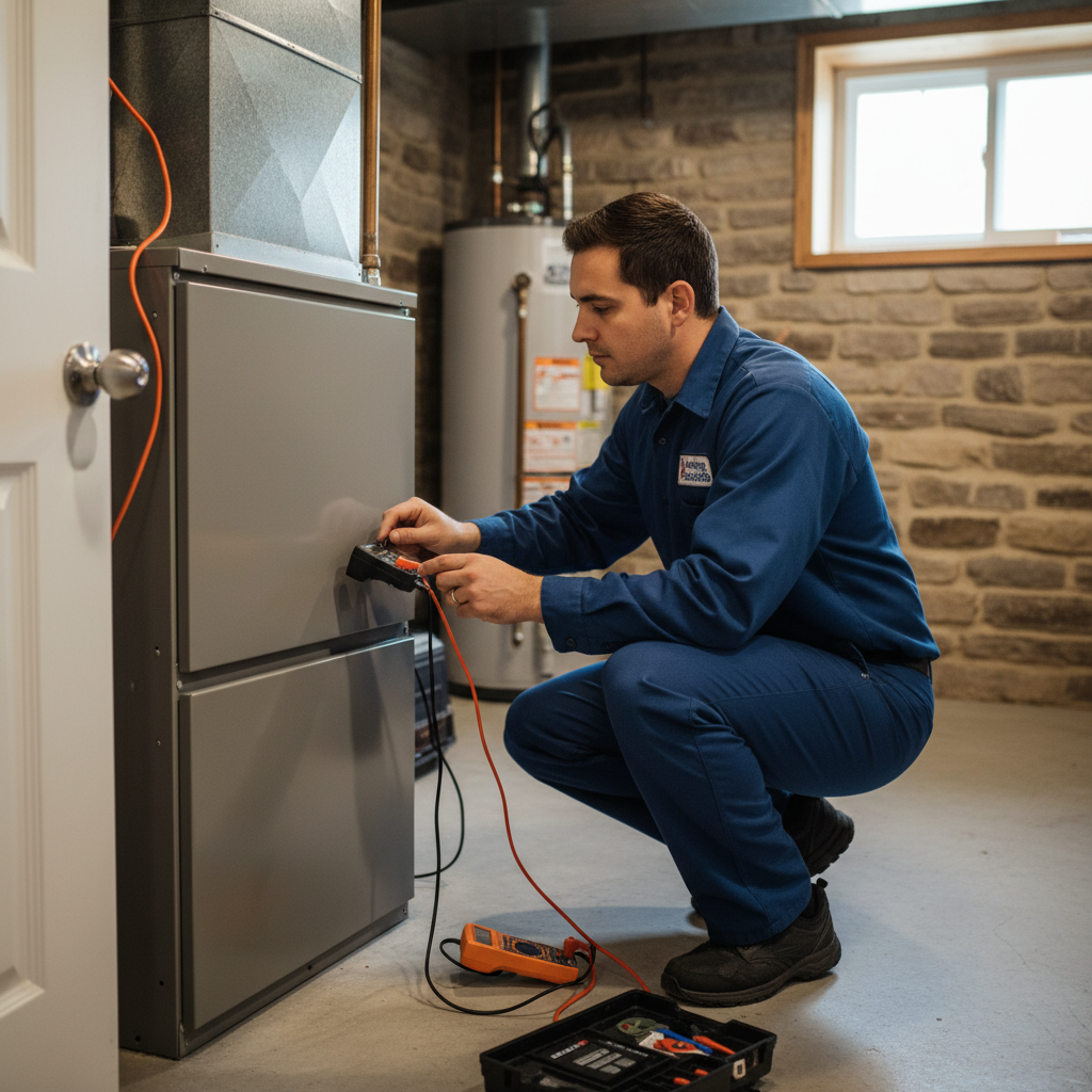 Experienced Heating Specialties technician inspecting a furnace in a South Jersey home in Cumberland County.