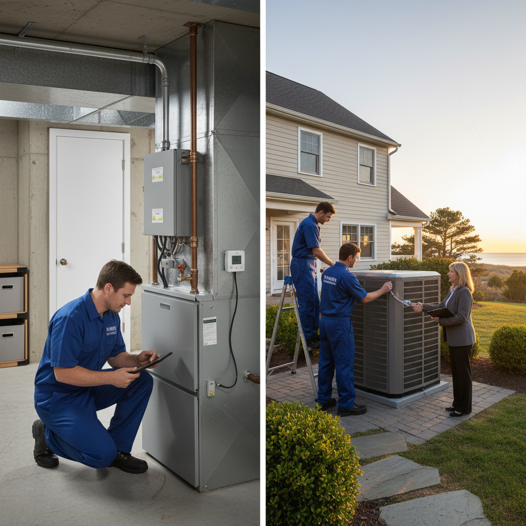 Experienced Heating Specialties technician inspecting a furnace in a South Jersey home, ensuring warmth across Cumberland, Atlantic, Gloucester, Cape May, and Salem counties.