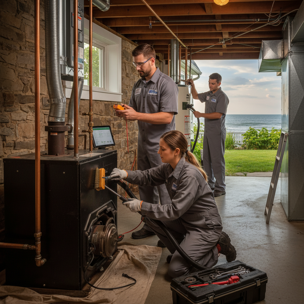 Experienced Heating Specialties technician inspecting a modern furnace in a South Jersey home.