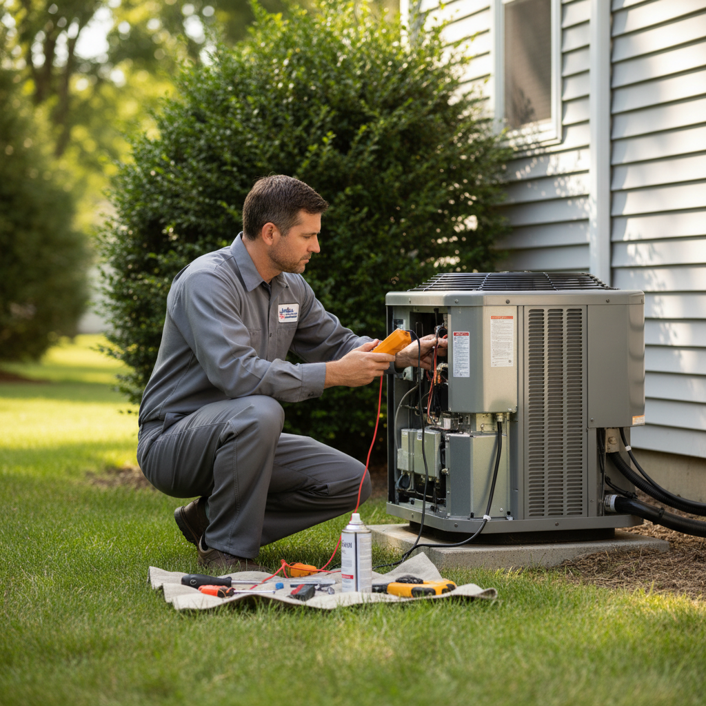 Experienced Heating Specialties technician inspecting an outdoor AC unit for a South Jersey home in Cumberland, Atlantic, Gloucester, Cape May, and Salem counties.