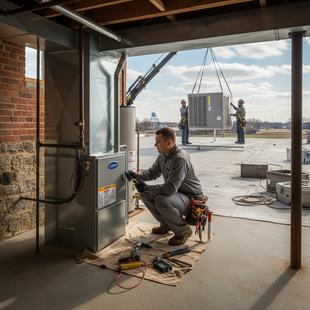 Experienced Heating Specialties technician installing a new furnace in a South Jersey home in Cumberland County.