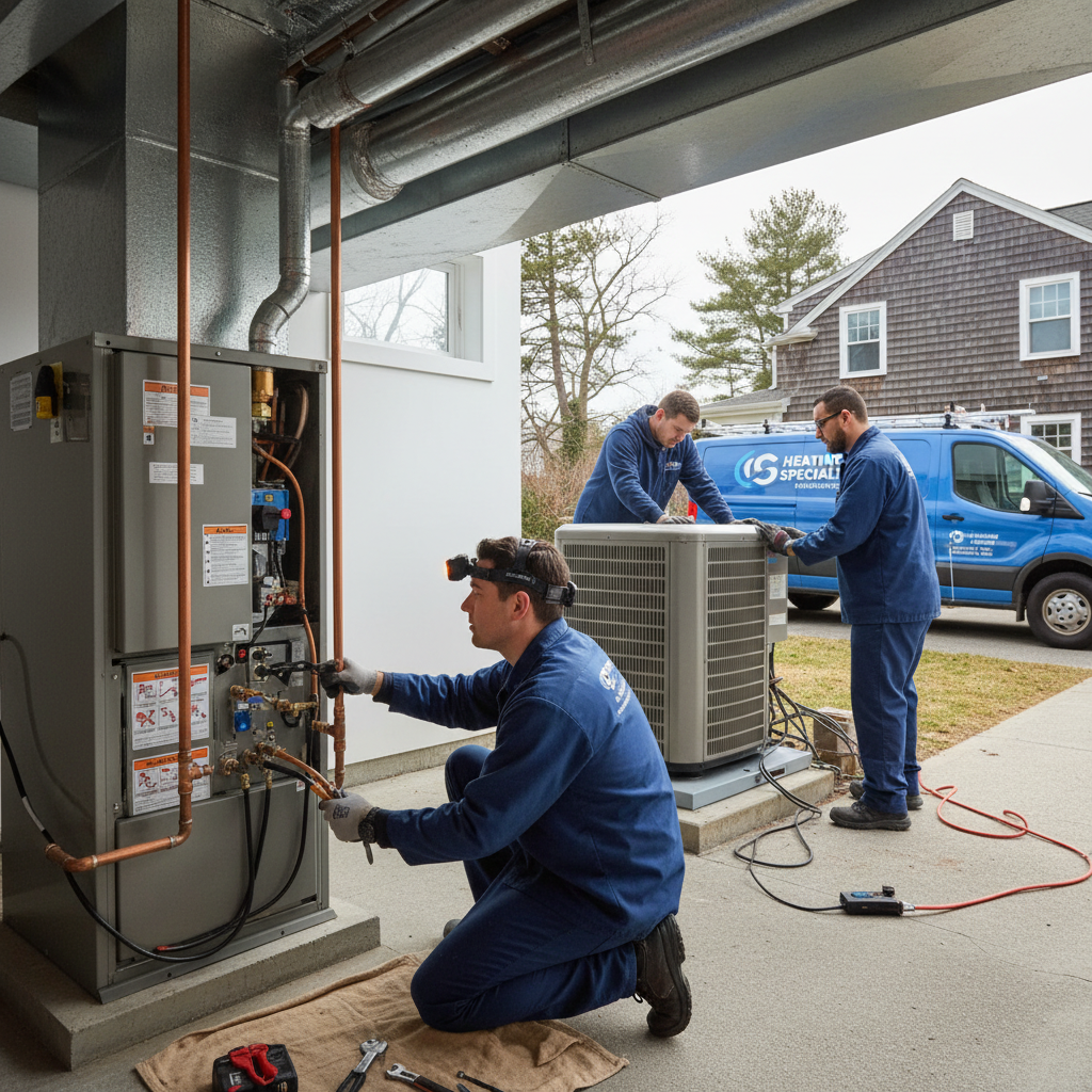 Experienced Heating Specialties technician meticulously inspecting a furnace in a South Jersey home.