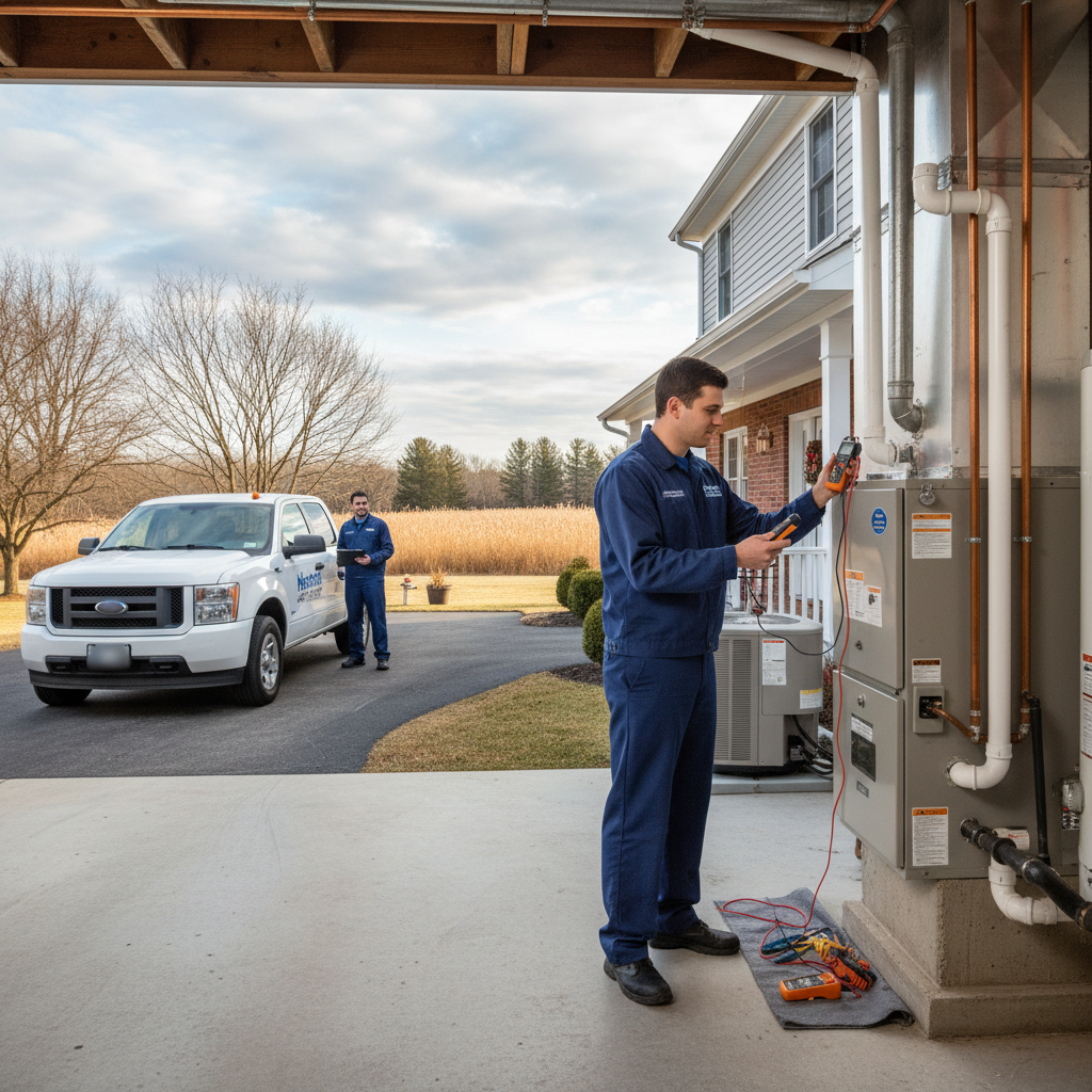 Experienced HVAC technician servicing a modern furnace in a South Jersey home, ensuring warmth for Cumberland, Atlantic, Gloucester, Cape May, and Salem counties.