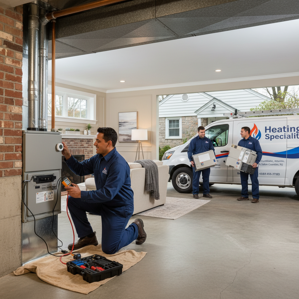 Expert HVAC technician maintaining a modern furnace in a South Jersey home, ensuring comfort in Cumberland, Atlantic, Gloucester, Cape May, and Salem counties.