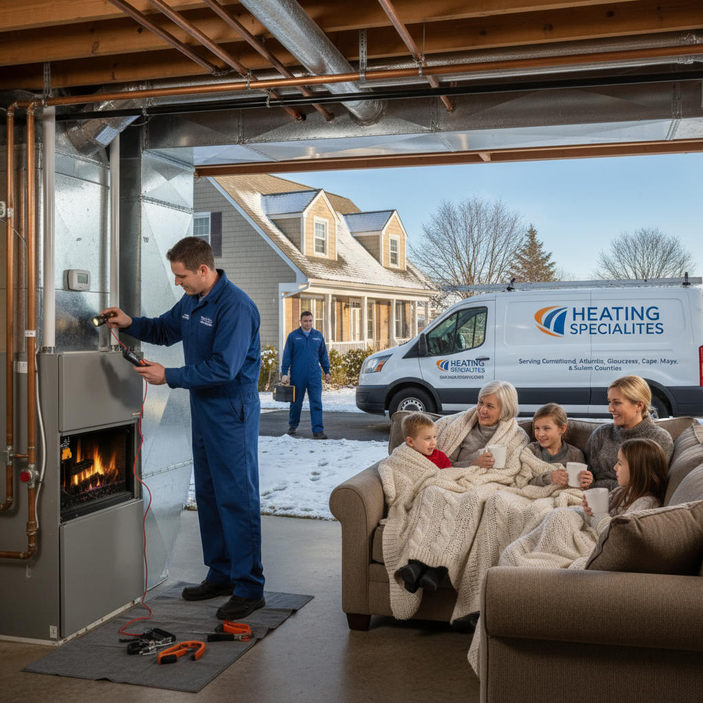 Expert HVAC technician performing heating system maintenance in a South Jersey home.