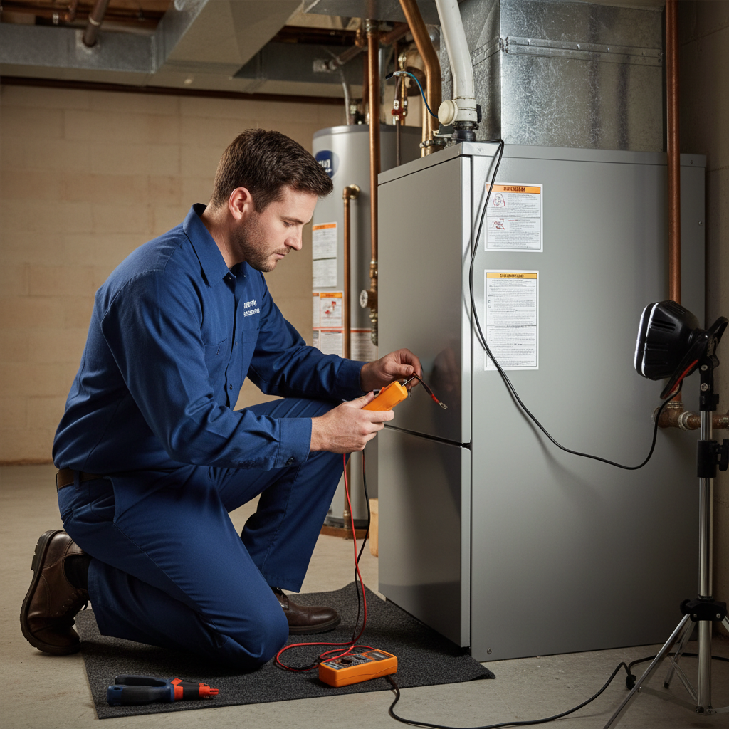 Expert HVAC technician performing heating system repair in a South Jersey home.