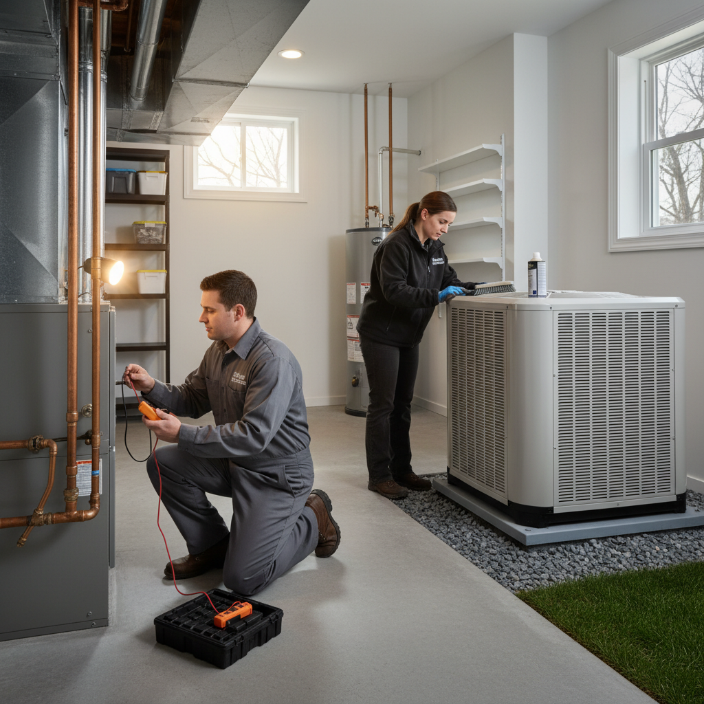 Expert technician performing HVAC repair on a residential furnace in South Jersey.