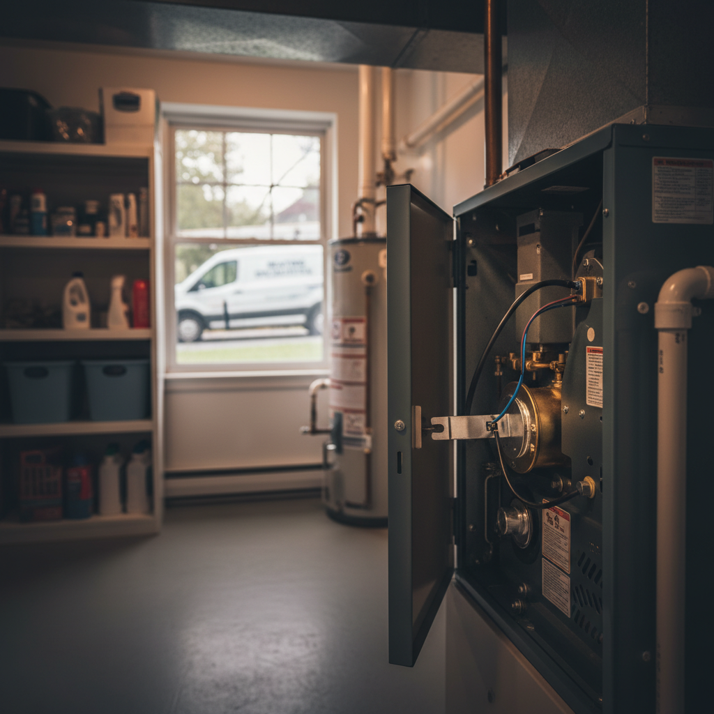 Furnace with access panel open for flame sensor replacement in a Bridgeton, NJ basement, with service van outside.
