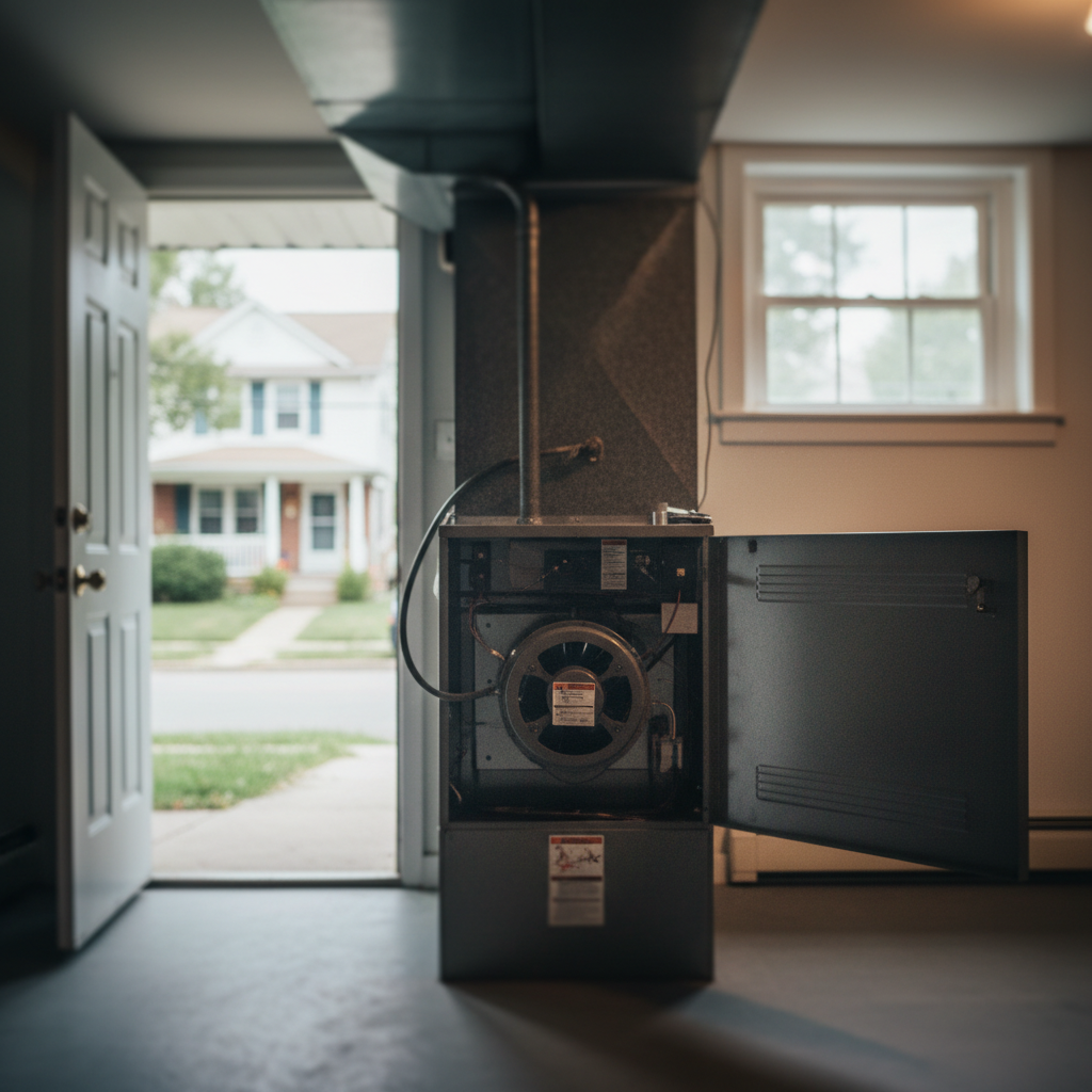 Furnace with open blower motor compartment in a Bridgeton, NJ home, ready for repair.
