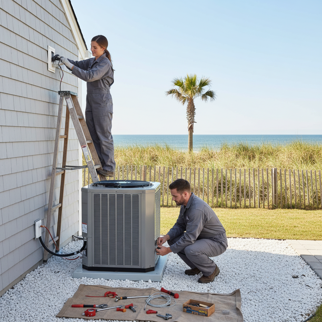 Heating Specialties crew installing a new outdoor HVAC unit in Atlantic County, South Jersey.