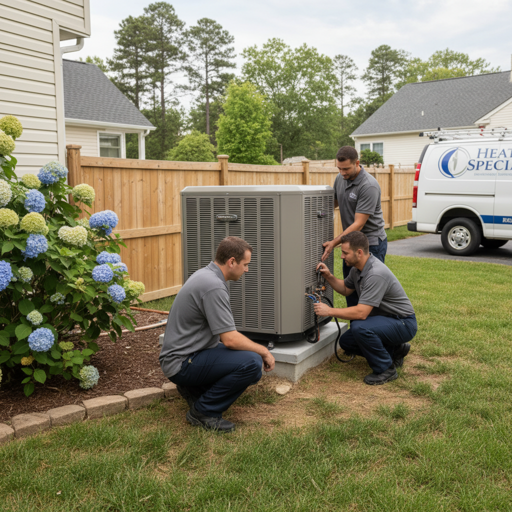 Heating Specialties expert installing a new air conditioning unit in Atlantic County, South Jersey.