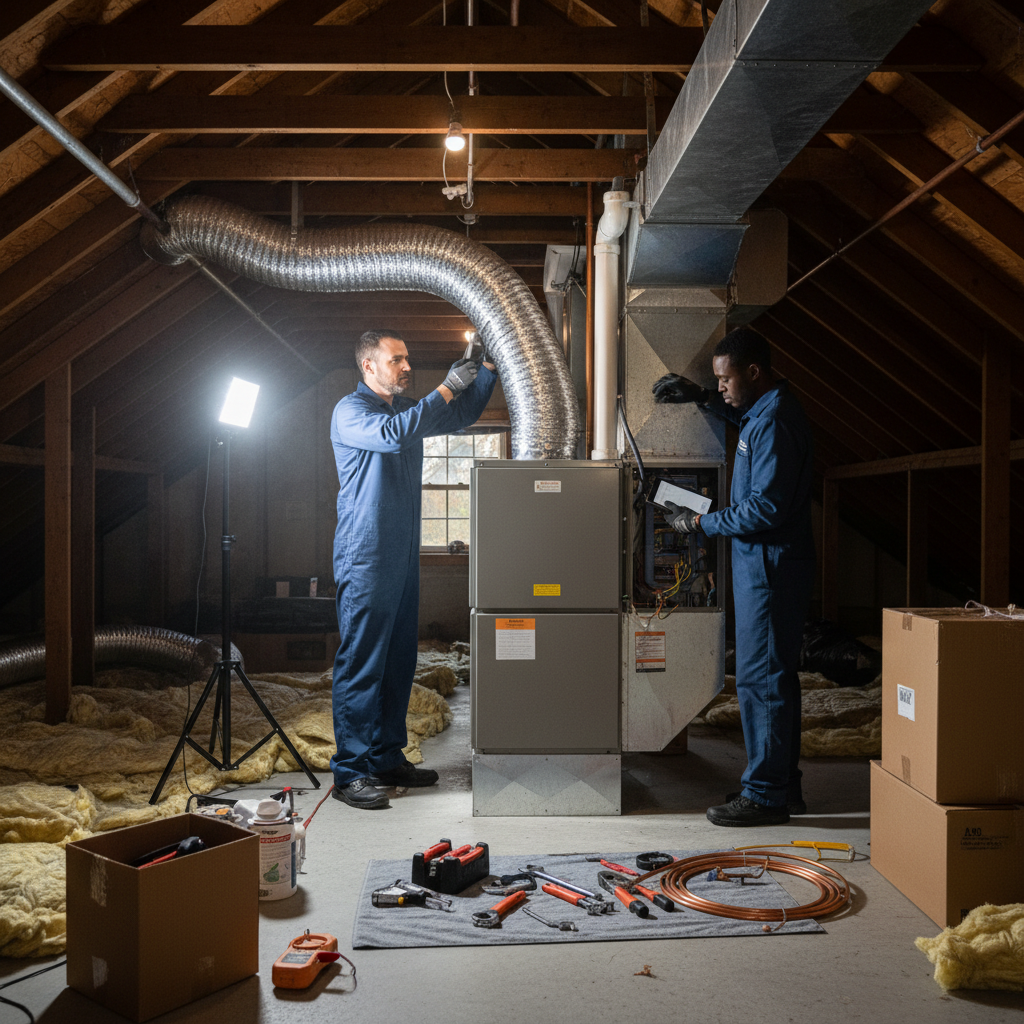 Heating Specialties expert installing a new HVAC unit in a residential attic across South Jersey.
