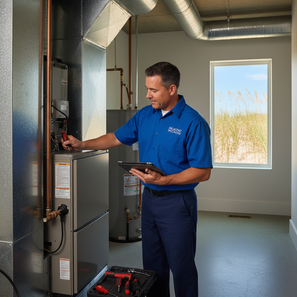 Heating Specialties expert performing HVAC maintenance in a Cape May, South Jersey residence, preparing for seasonal changes.
