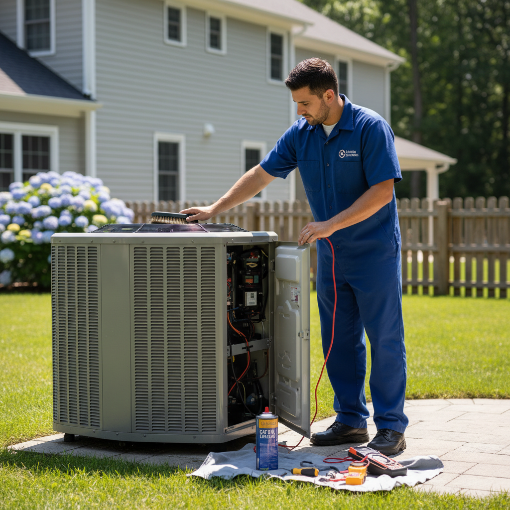 Heating Specialties expert performing HVAC maintenance on an outdoor unit in Cape May County, South Jersey.