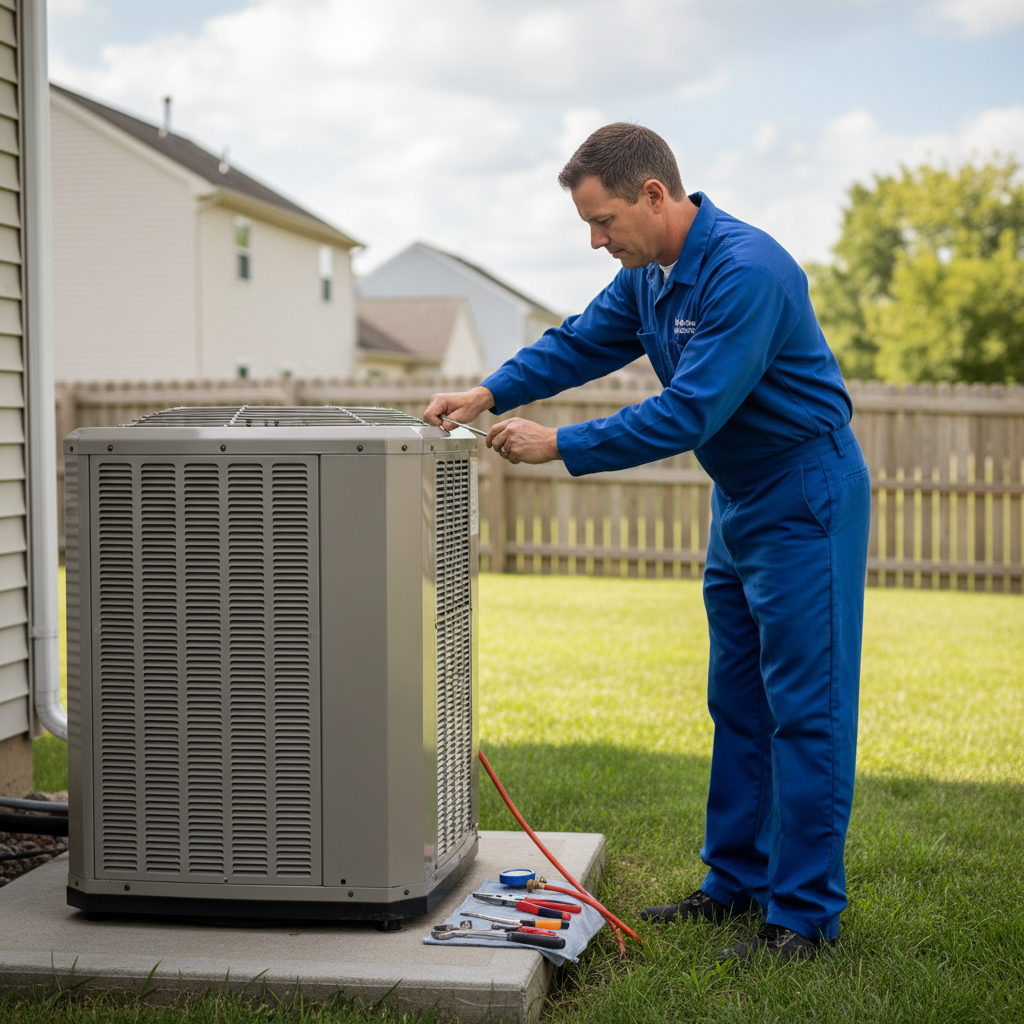 Heating Specialties expert performing HVAC maintenance on an outdoor unit in Atlantic County, South Jersey.