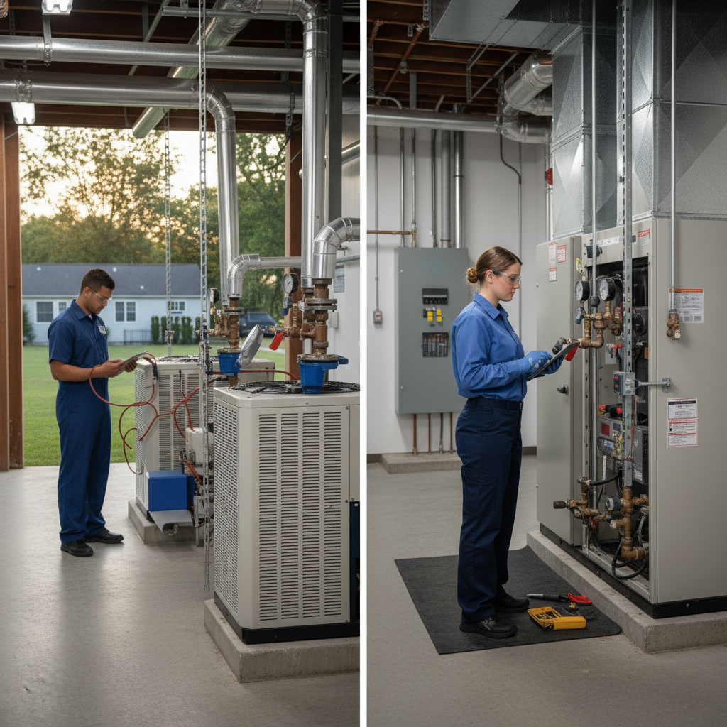 Heating Specialties expert performing routine HVAC maintenance in a South Jersey commercial building.
