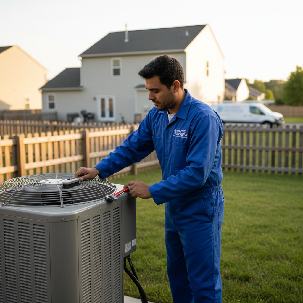Heating Specialties expert performing routine HVAC maintenance on an outdoor unit in a South Jersey backyard, serving Cumberland, Atlantic, Gloucester, Cape May, and Salem counties.