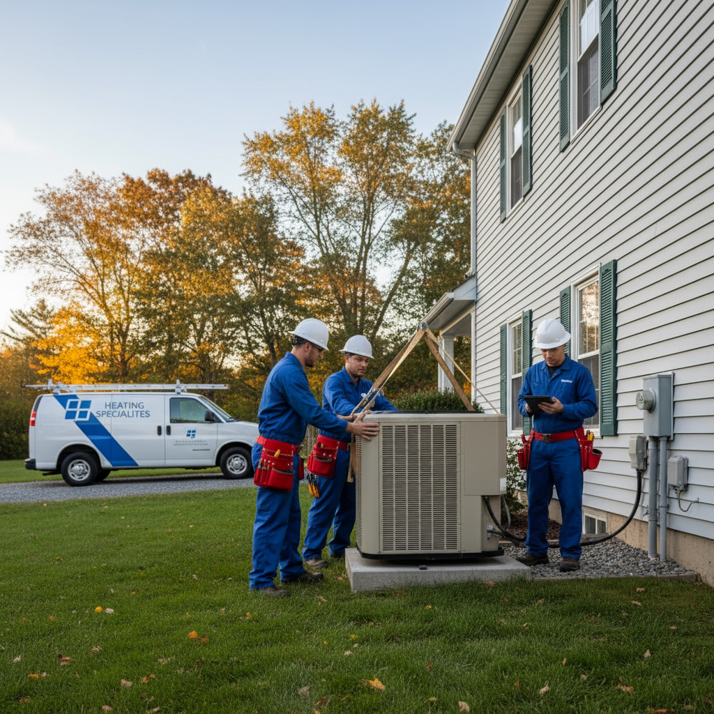 Heating Specialties experts installing a new air conditioning unit at a residence in Atlantic County, NJ.