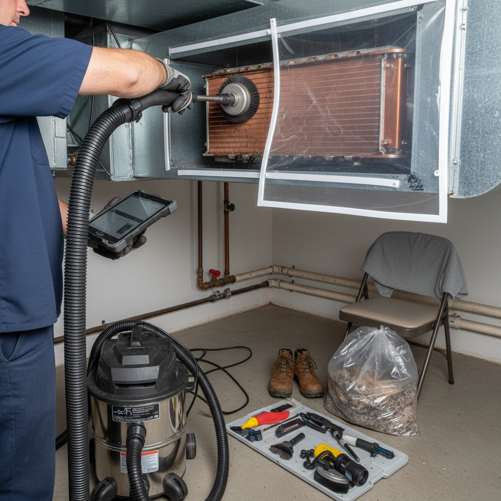 Technician uses specialized tools for precise AC supply duct cleaning and evaporator coil cleaning.