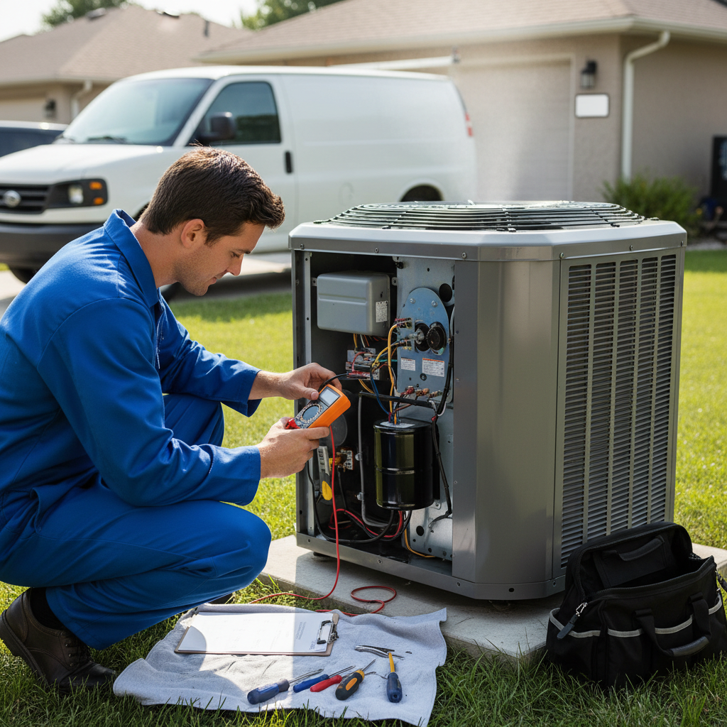 HVAC technician diagnosing an outdoor air conditioning unit that is not turning on.