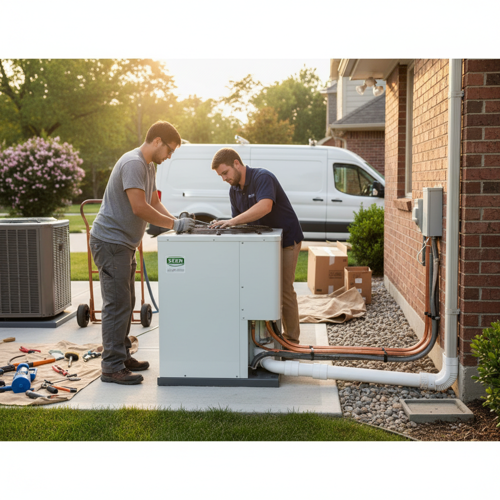 HVAC technicians carefully installing a new outdoor air conditioner unit during a replacement service.