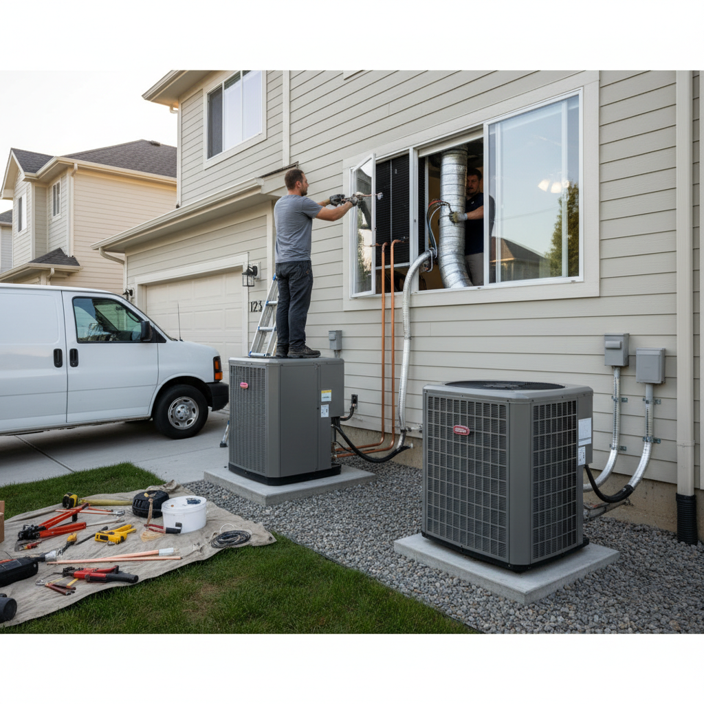 Close-up of an HVAC technician connecting refrigerant lines to an outdoor AC unit.