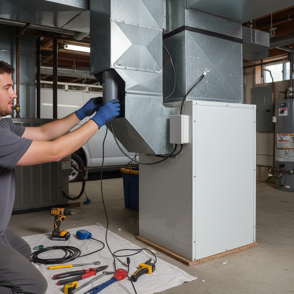 HVAC technician carefully installing an air scrubber unit into a duct system for whole-home air quality.