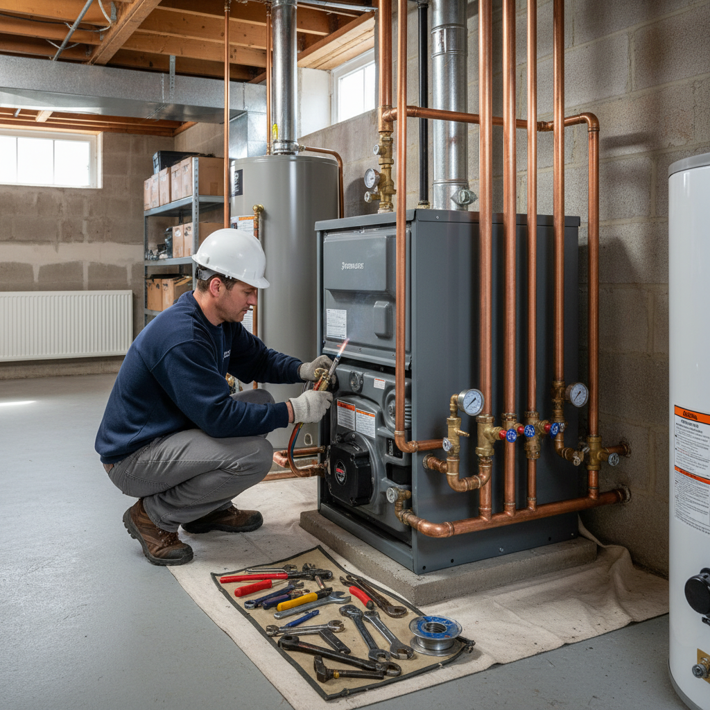 Close-up of a technician expertly working on boiler installation with various tools.