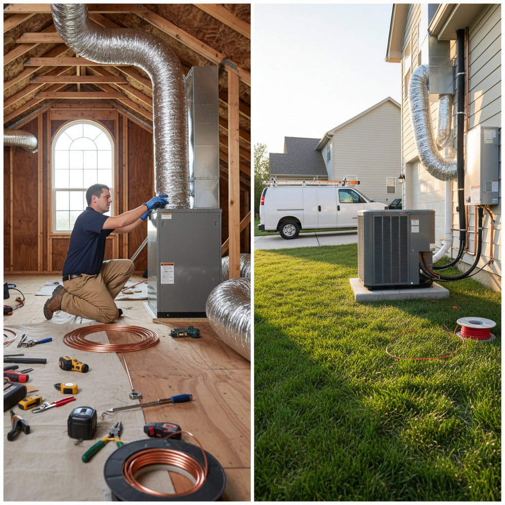 Close-up detail of HVAC tools and equipment during a central AC installation emphasizing quality work.