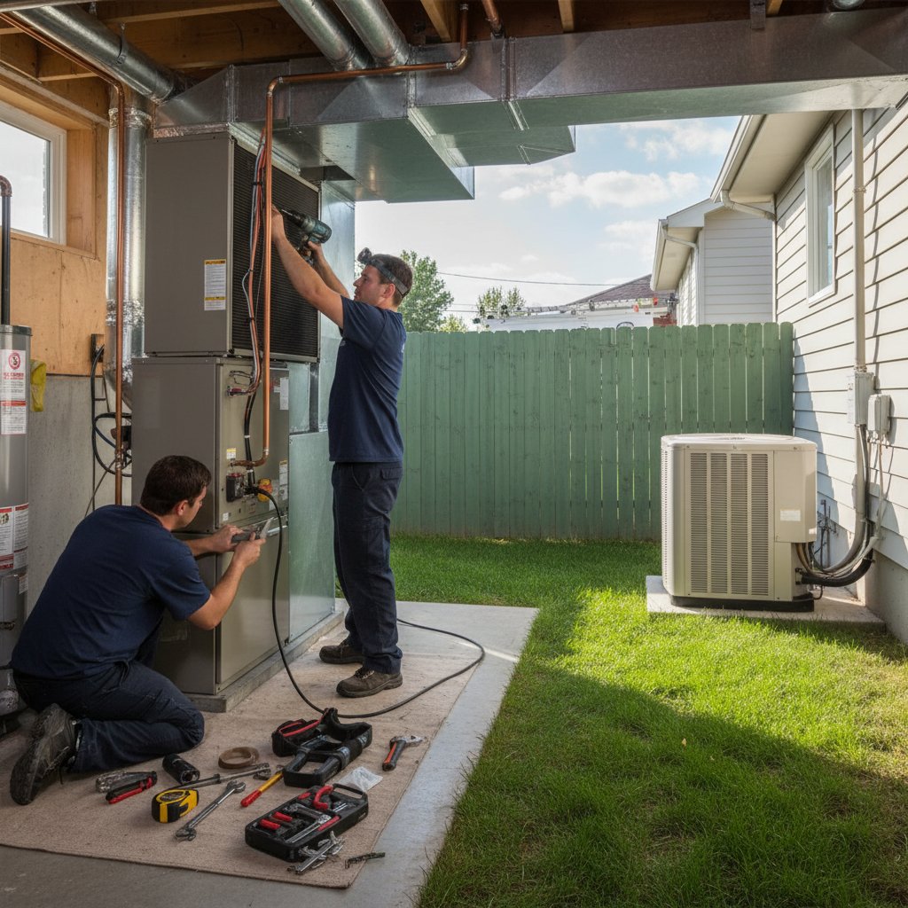 HVAC technicians meticulously installing a central air conditioning unit, showcasing quality workmanship.