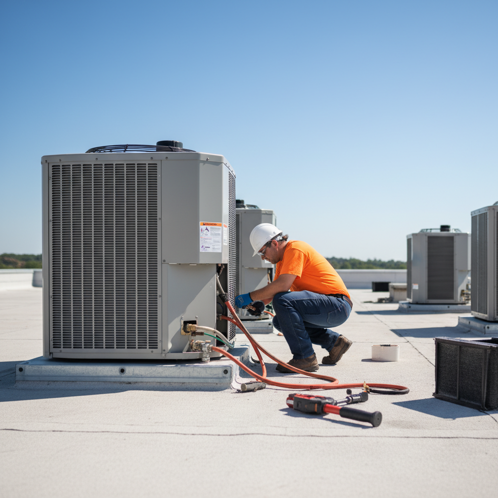 Close-up of a technician connecting gauges for commercial HVAC maintenance on a rooftop unit.