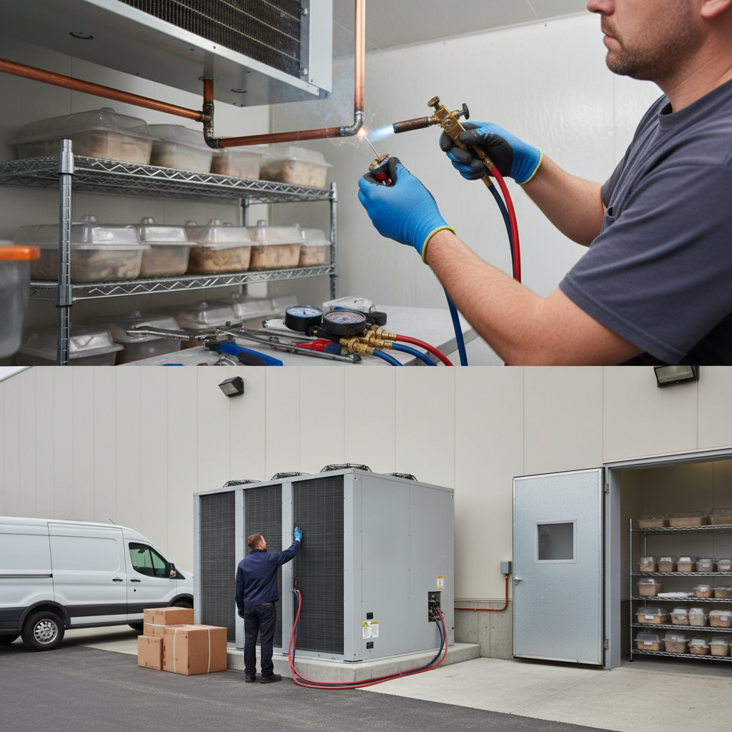 A technician performing precise brazing on copper refrigeration lines for commercial refrigeration service.