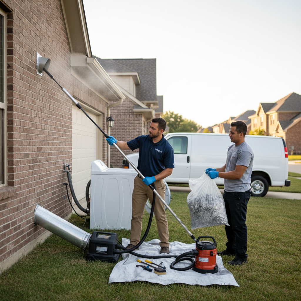 Closeup of a dryer vent cleaning in progress, showing tools and extracted lint.