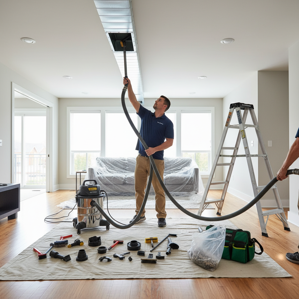 Closeup of a skilled technician using specialized tools for residential HVAC duct cleaning.
