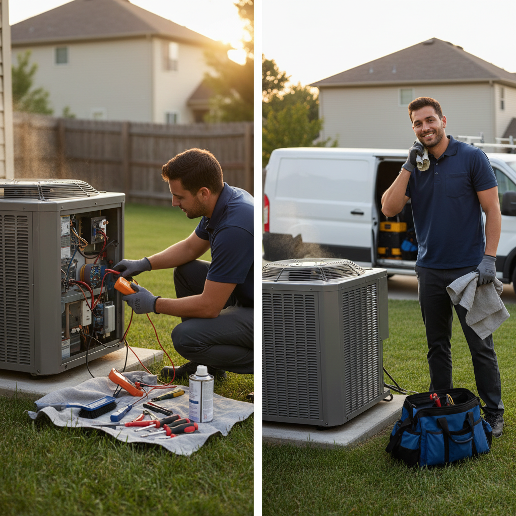 HVAC technician performing an emergency AC repair, checking electrical components of an outdoor unit.