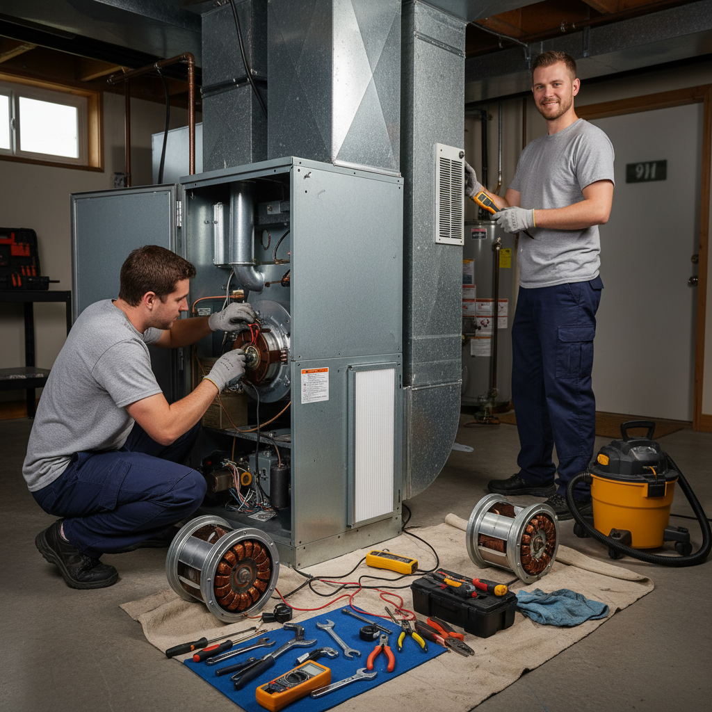 Close-up of a technician's hands carefully working on a furnace blower motor during a repair.