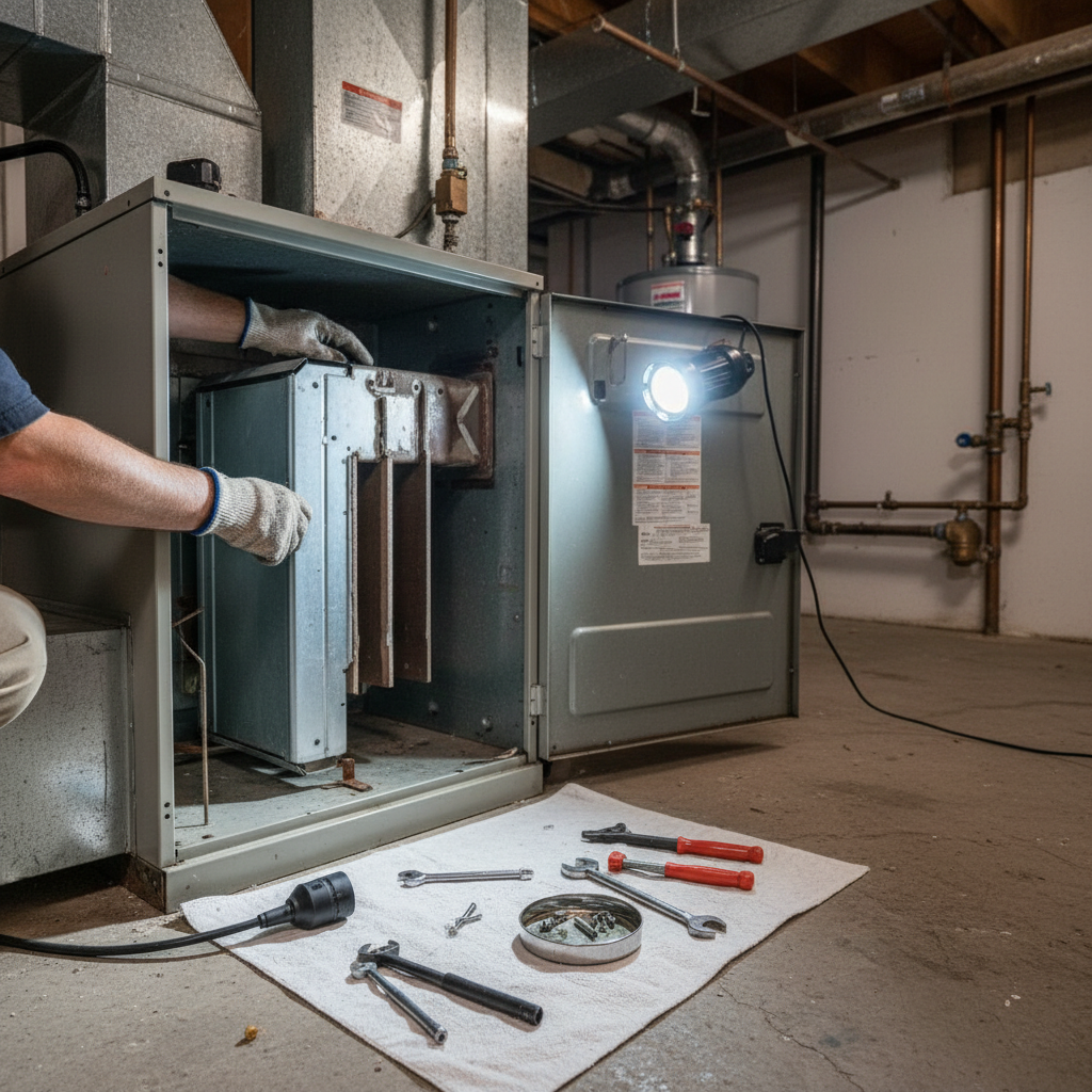 A technician performing a furnace heat exchanger repair, with tools laid out on a drop cloth.