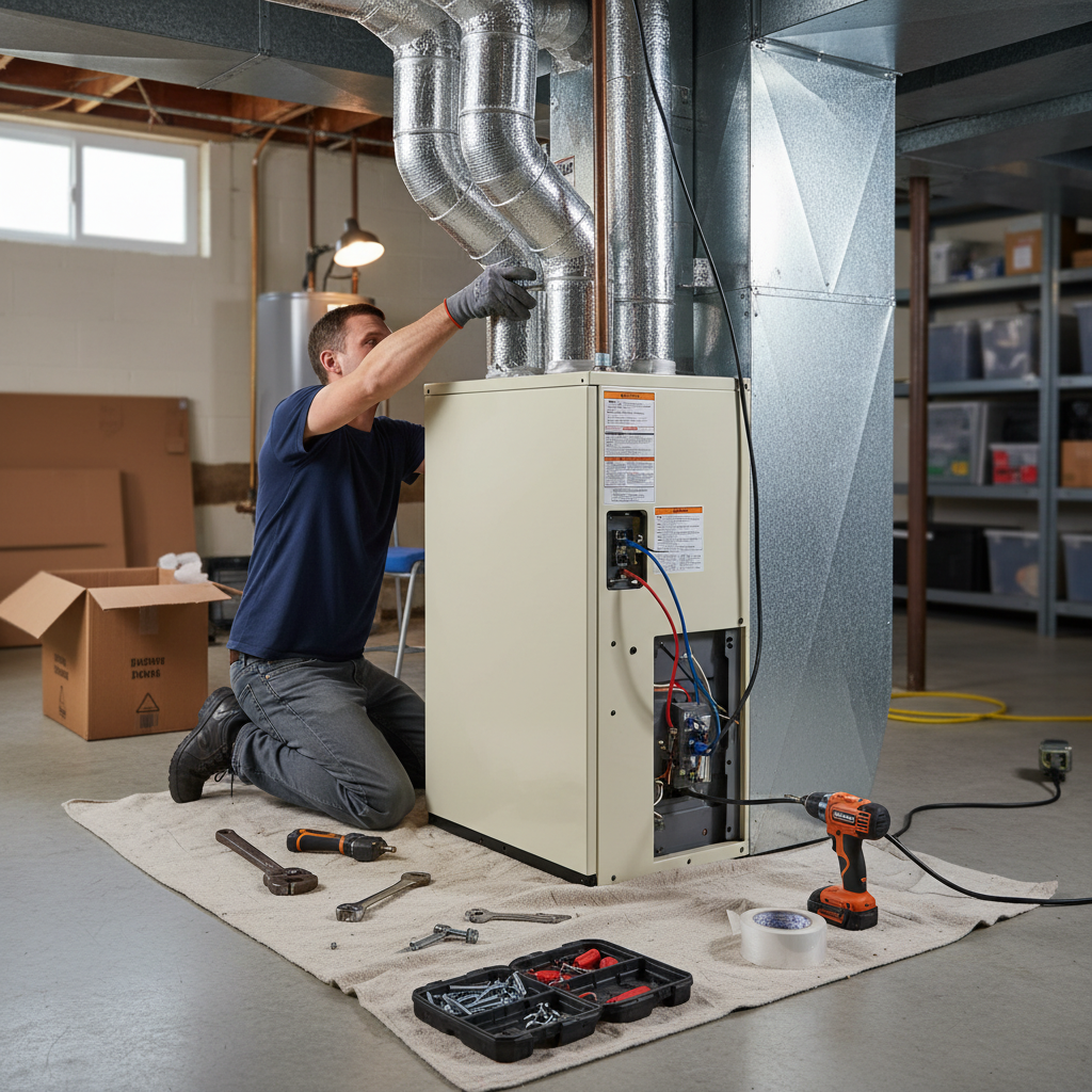 An HVAC technician installing a new furnace, connecting ductwork and electrical components.
