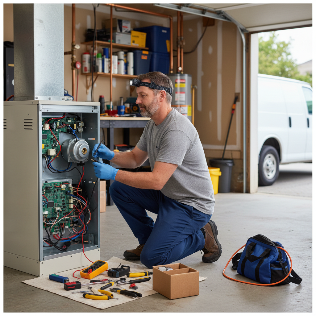 Close-up of tools and components during a furnace not turning on repair.