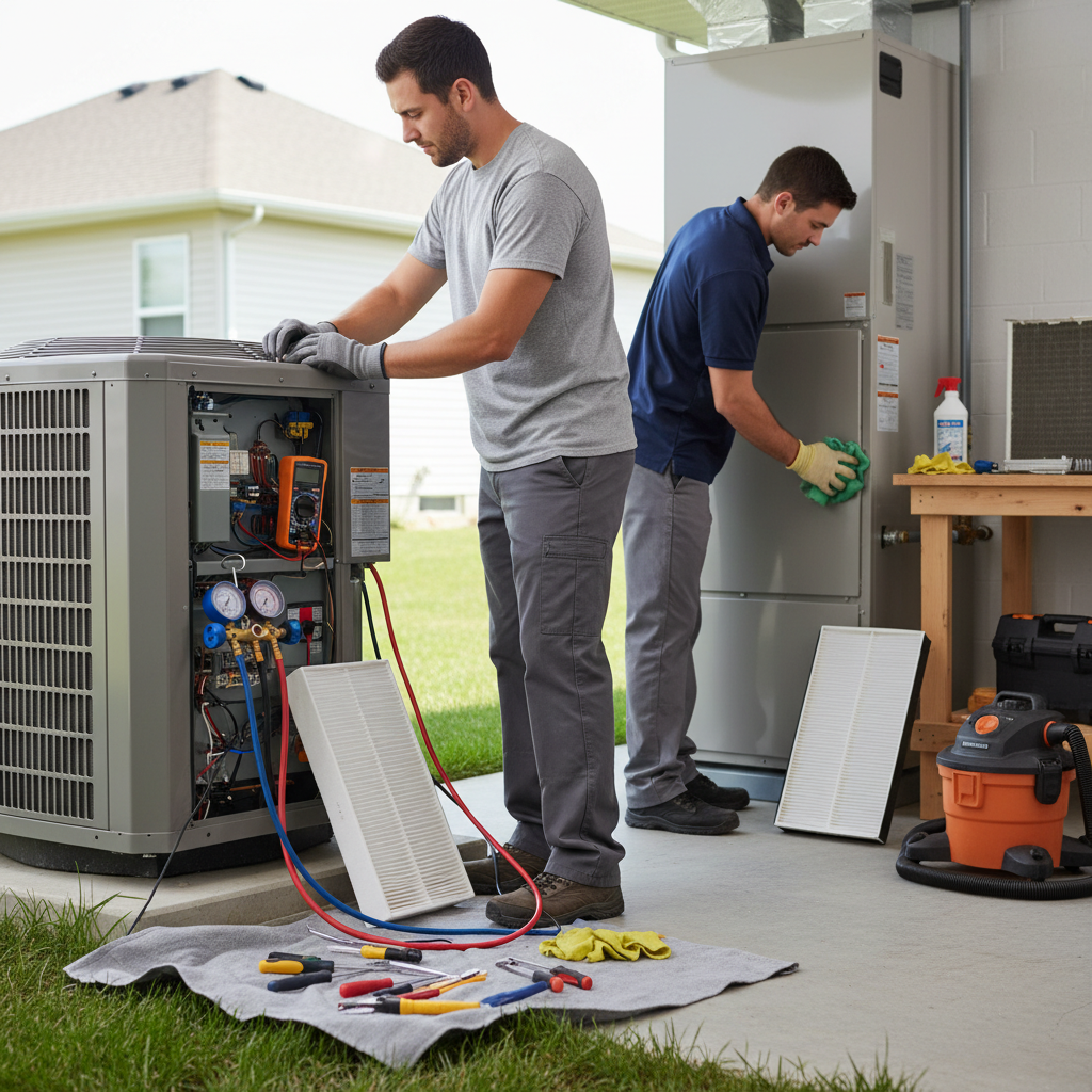An HVAC technician performs a detailed tune-up, checking refrigerant levels on an outdoor AC unit.
