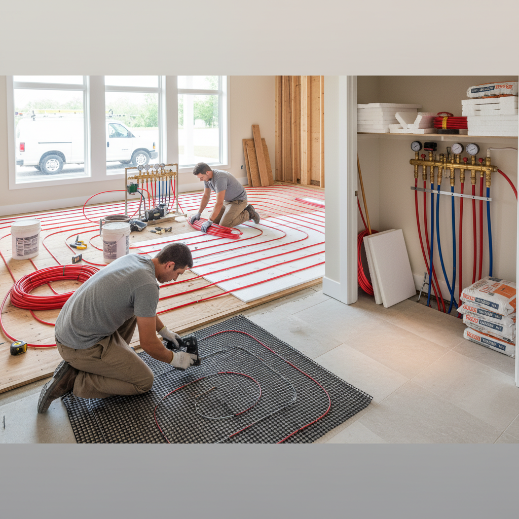 Close-up of a technician working on radiant heat installation, showing the tubing and tools.