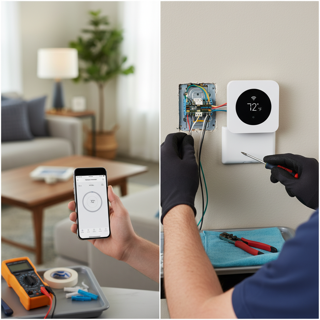 A technician wearing gloves meticulously installs a smart thermostat, wiring it into an existing HVAC system.