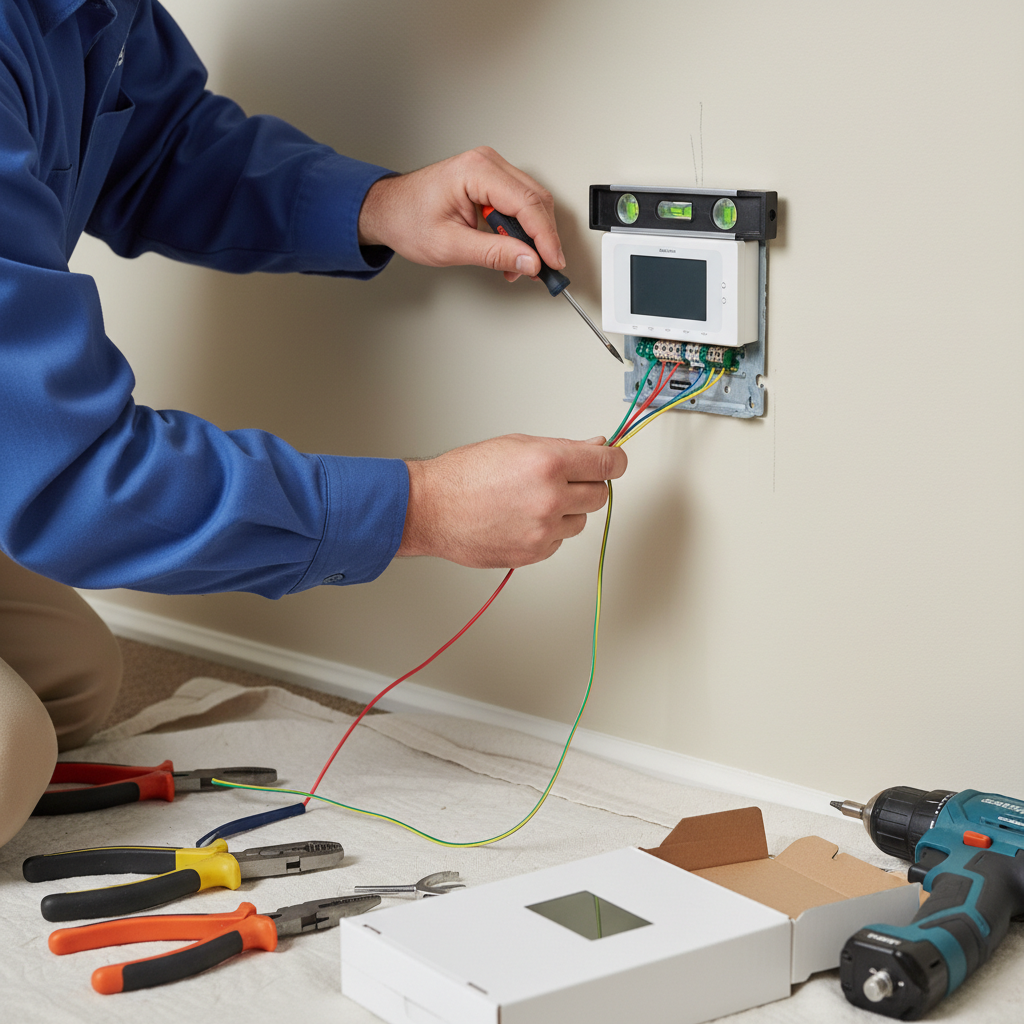 An HVAC technician meticulously installing a new thermostat, connecting wires to the control panel.
