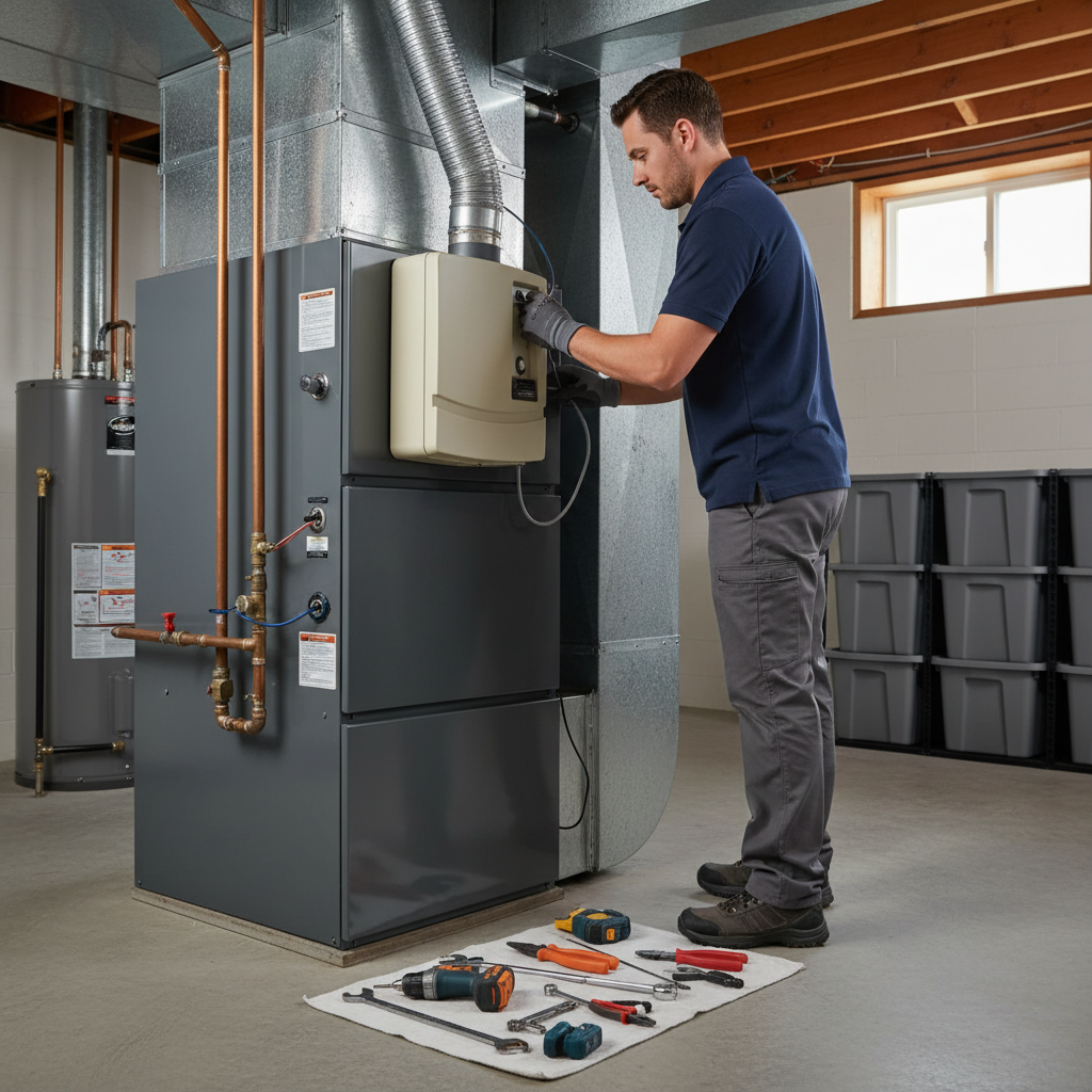 Close-up of an HVAC technician adjusting a whole house humidifier connected to a furnace.